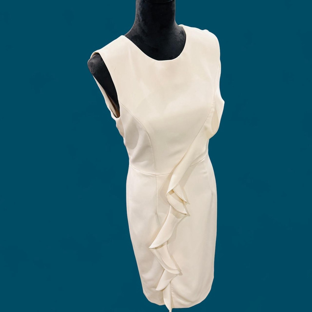 MILLY Ivory Asymmetrical Ruffle Sheath Dress Women 10 Made USA Cocktail